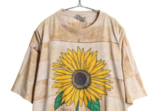 【10/25 48h限定10%OFFクーポン&P5倍!!】 90s ひまわり イラスト プリント デザイン Tシャツ メンズ レディース XXL 古着 オールド アート シングルステッチ タイダイ 大きいサイズ| 中古 90’s 90年代 ヒマワリ 向日葵 半袖Tシャツ プリントTシャツ アートTシャツ デザイ