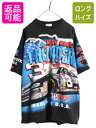 90s USA製 ナスカー イラスト 全面 プリント Tシャツ メンズ XXL オールド グラフィック モータースポーツ オールオーバー 黒 大きいサイズ| 古...