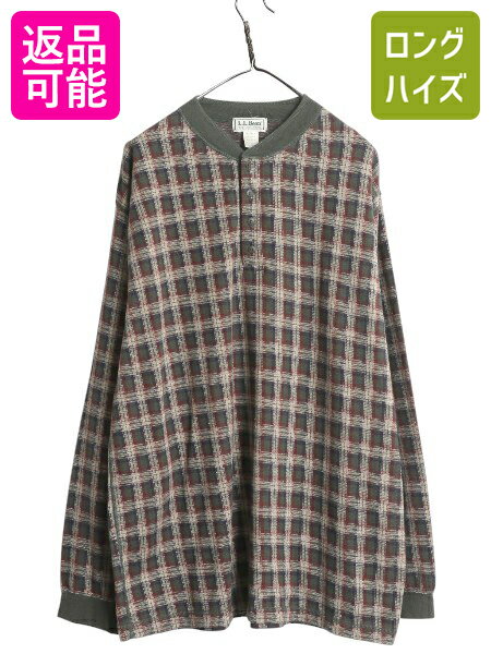 【11/20 BF4h限定777円OFF×P5倍】 90s USA製 エルエルビーン チェック ヘンリーネック 長袖 Tシャツ メンズ XXL オールド ロンT 大きいサイズ トップス カットソー ゆったり| 古着 中古 90's 90年代 アメリカ製 米国製 LLBEAN LLビーン 2XL ロングTシャツ 長袖Tシャツ イン