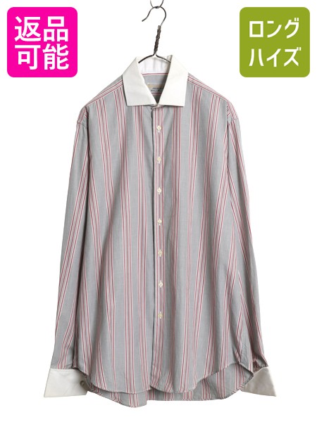 80s 90s イギリス製 ★ アクアスキュータム ストライプ クレリック シャツ メンズ L 程/ 古着 ダブルカフス ドレス フォーマル コットン 白| 中...