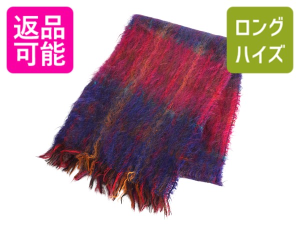 イギリス製 ロイヤルスコット モヘア ウール マフラー メンズ レディース 古着 チェック フリンジ付き ..