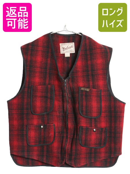 Rakuten - 【6/25 10名様限定10%OFFクーポン配布!】 90s ウールリッチ ウール ベスト メンズ L / 古着 オールド チェック シンチバック 前開き 重ね着 ブラウンズビーチ タイプ 黒 赤 ツートン| 中古 90’s 90年代 Woolrich アウトドア フルジップ ウールべスト ノースリーブ ジレ パ
