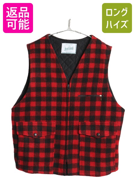 Wool - 90s USA製 ジョンソン ウール ベスト メンズ L / オールド フルジップ 中綿 キルティング 前開き 重ね着 ブロック チェック 黒 赤 ツートン| 古着 中古 90’s 90年代 JOHNSON アメリカ製 ウールベスト ノースリーブ TALON タロン トラッド シンプル ブラック レッド USED