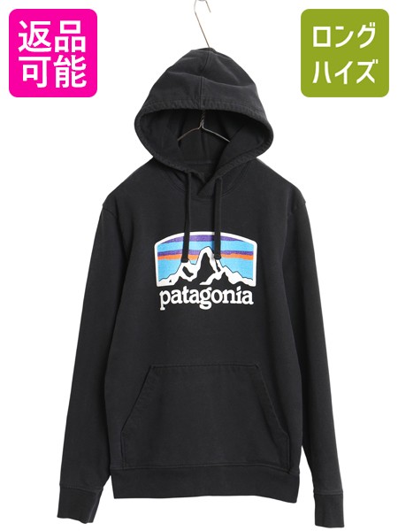 【6/10 最大半額×24h限定10 オフ 】 パタゴニア プリント スウェット フード パーカー メンズ S トレーナー プルオーバー ストレッチ ヘビーウェイト 裏起毛 トップス ブラック 古着 中古 黒 Patagonia アウトドア スエット プリントパーカー ロゴパーカー フードパーカー