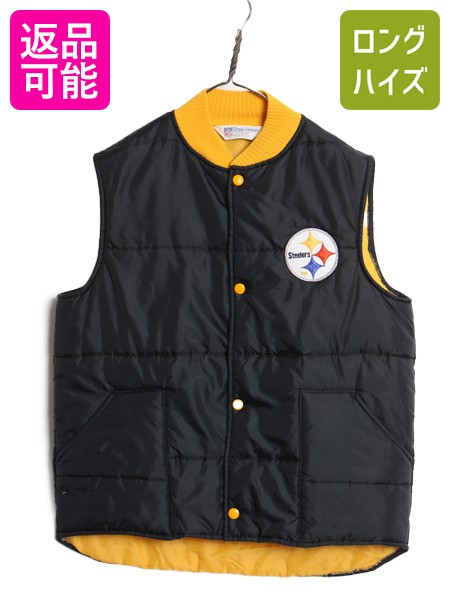 Nylon - 【5/25 48h限定10%OFF×最大8倍】 90s スティーラーズ 中綿 ナイロン キルティング ベスト キッズ XL メンズ S 程 古着 オールド NFL アメフト オフィシャル 重ね着 ブラック| 中古 90's 90年代 黒 前開き 当時物 中綿ベスト ジレ ノースリーブ ジレ ワンポイント ロゴ刺繍