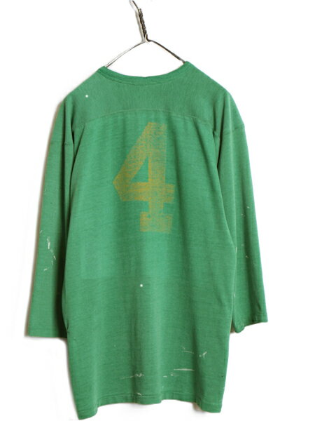【6/14 48h限定777円OFFクーポン!!】 70s 80s ★ ラッセル フットボール Tシャツ メンズ M / 古着 ヴィンテージ Vネック 七分袖 長袖 ロンT ナンバリング シングルステッチ 緑| 中古 70年代 80年代 70s 80s ビンテージ RUSSELL ヘビーウェイト 長袖Tシャツ フットボールT