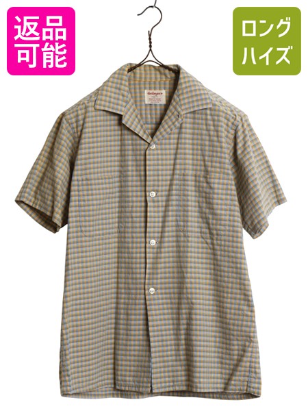 Rakuten - 【6/22 400円OFFクーポン×ポイント5倍】 60s ★ チェック 100％ コットン オープンカラー シャツ メンズ S ヴィンテージ 開襟 ボックス 半袖シャツ 総柄 ポケット付き ツートン 青| 古着 中古 60年代 60's ビンテージ オープンカラーシャツ 開襟シャツ コットンシャツ チェ