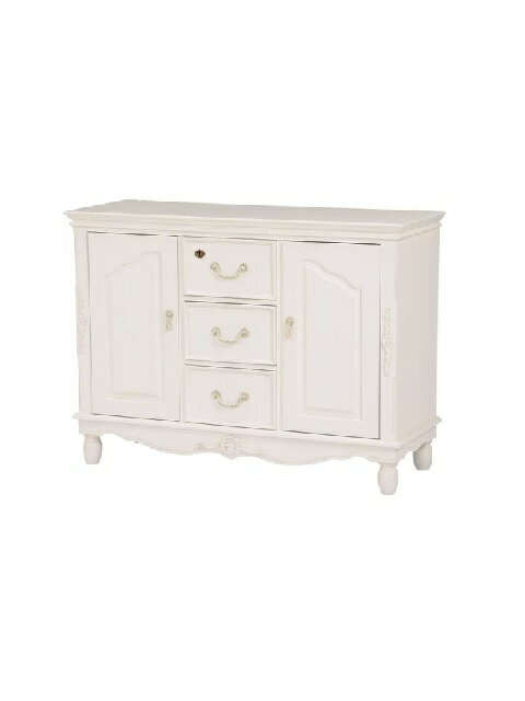 　お洒落なデザインのアンティーク調扉付きキャビネット。正面下部、左右にエレガントな彫刻が施されて素敵です♪ 一番上の引き出しには鍵も付いています。 ※送料無料 定価：130,900円（税込） サイズ：（約）W1100×D400×H800 　...