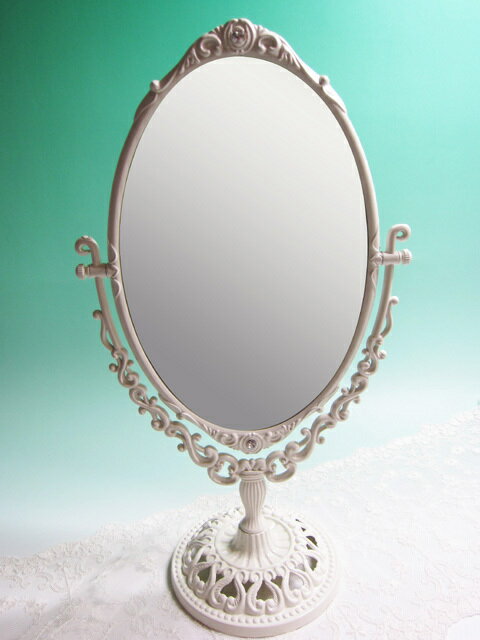 【29〜30日はポイント5倍】 卓上ミラー 化粧鏡 卓上鏡 スタンドミラー ホワイト 姫系 アンティーク ロマンチックホワイトスタンドミラーL 大人 カワイイ ...