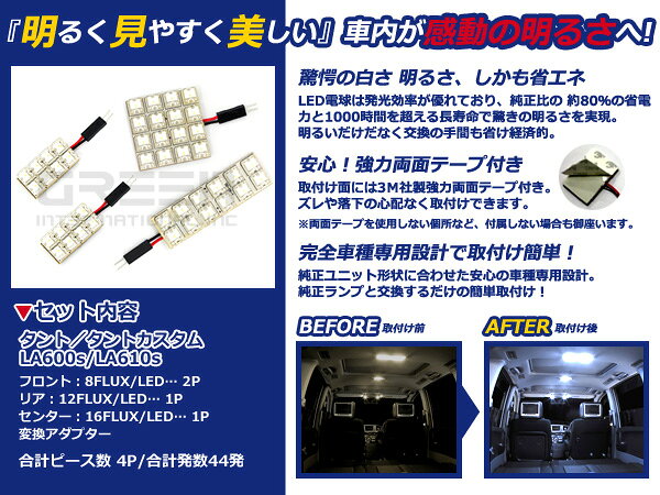 【メール便送料無料】 超高輝度LEDルームランプ タント/タントカスタム LA600s/LA610s H25.10～ 44発/4P ダイハツ【FLUX 室内灯 電球 ホワイト 白 ルームランプセット ルーム球 カーアクセサリー 取付簡単 トランク ラゲッジ にも】 [3]