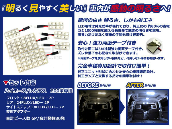 【メール便送料無料】 超高輝度LEDルームランプ ハイエース 200系 H16.8〜 80発/6P トヨタ【FLUX 室内灯 電球 ホワイト 白 ルームランプセット ルーム球 カーアクセサリー 取付簡単 トランク ラゲッジ にも】