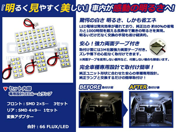【メール便送料無料】 LEDルームランプ RVR N6# H9.11～H14.8 66発【三菱 SMD 室内灯 ルームランプ ホワイト 白 ルームランプセット ルーム球 電球 LED球 純正交換式 車内灯 車内ライト 室内灯 内装 カーアクセサリー カーパーツ】 [3]