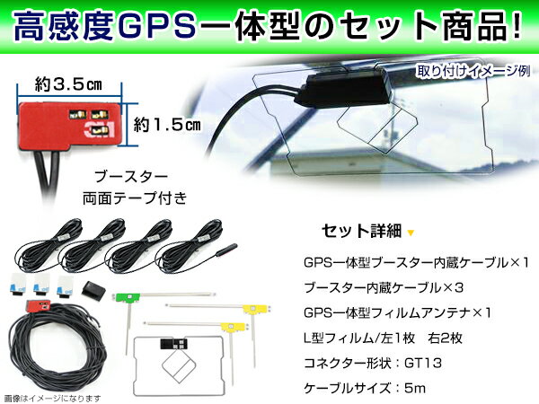 【メール便送料無料】 高品質 GPS一体型フィルムアンテナ ＆ L型フィルムアンテナ ＆ ケーブルセット 日産 HC504-A 2004年モデル GT13 交換 地デジ/フルセグ 載せ替え フロントガラス貼り換えに 3