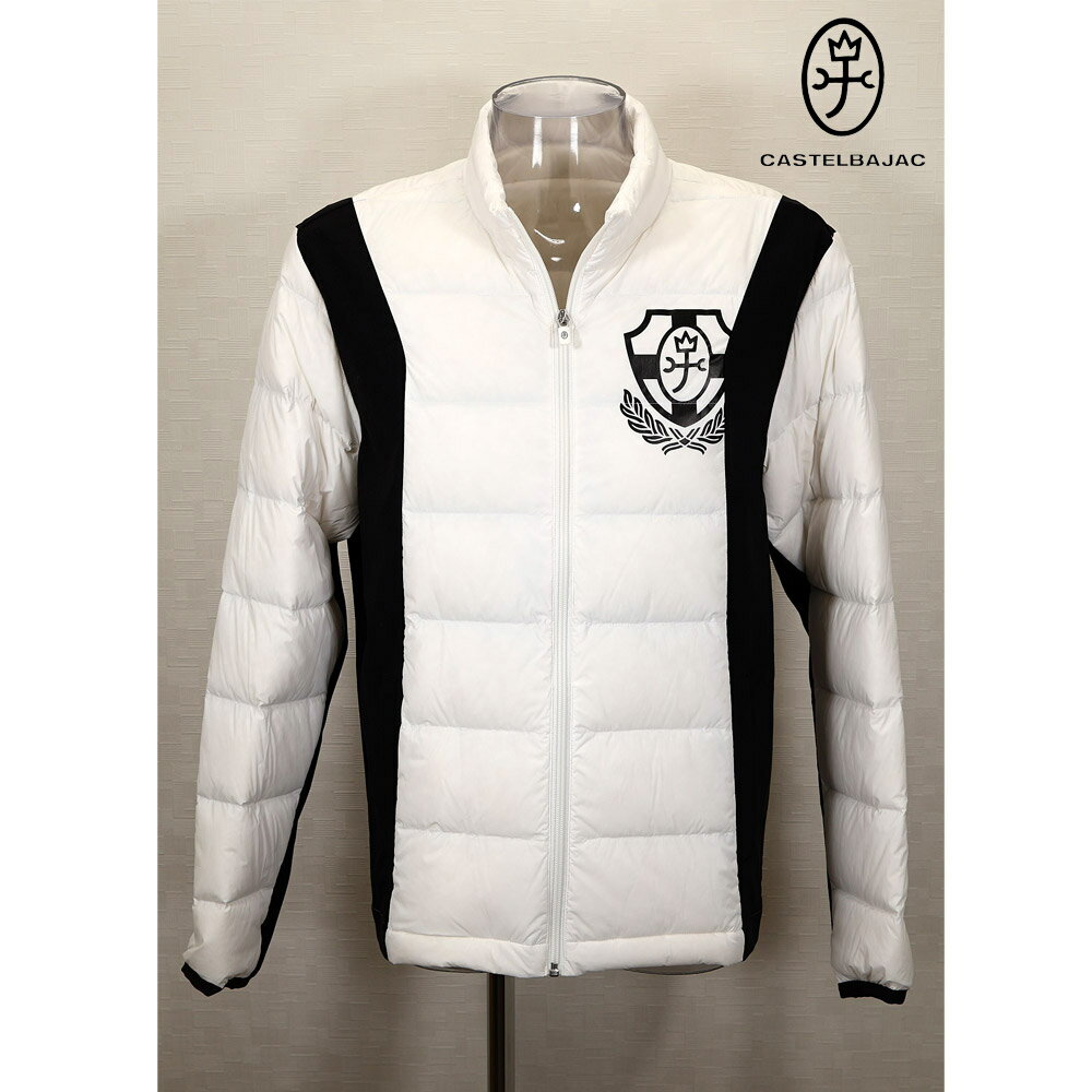 ○メーカー希望小売価格はメーカー商品タグに基づいて 掲載しています 【素材】 上記タグをご覧下さい Guest-One　店頭商品　CASTELBAJAC　 【注意】 商品の色は極力再現すべく努力致しておりますが、ご利用のモニターにより若干実物と差が生じる場合が御座いますので、ご了承下さい 此方の商品は、実店舗と同時出品しておりますので、万が一品切れの場合はご了承願います軽量に仕上げたダウンジャケット　 凄く軽く着用は非常に着やすくて普段着や・ゴルフプレーなどに最適です　 右左肩部分から裾部分まで伸縮制が良いポリウレタンを使用しスポーツプレーには最適です　 前部分にはシンプルに家紋プリント　 バックにはバジャックロゴプリントを入れ 全体にはシンプル仕上げた1枚です 【素材】 本体・ナイロン85％・ポリウレタン15％ 一部分・ナイロン90％・ポリウレタン10％ 中綿・ダウン90％・フェザー10％ 【カラー】 ホワイト×ブラック（切り替え部分） 【サイズスペック】 M・肩幅46 胸囲108 袖丈64.5 着丈66 L・肩幅48 胸囲114 袖丈66 着丈68.5 LL・肩幅50 胸囲122 袖丈67 着丈71.5