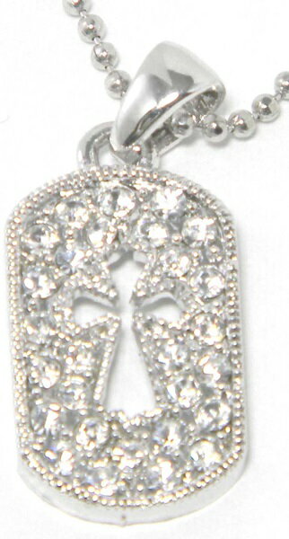 ラインストーン クロス透かしプレート ネックレス シルバー/ボールチェーン　クリスタルストーン ネッ..