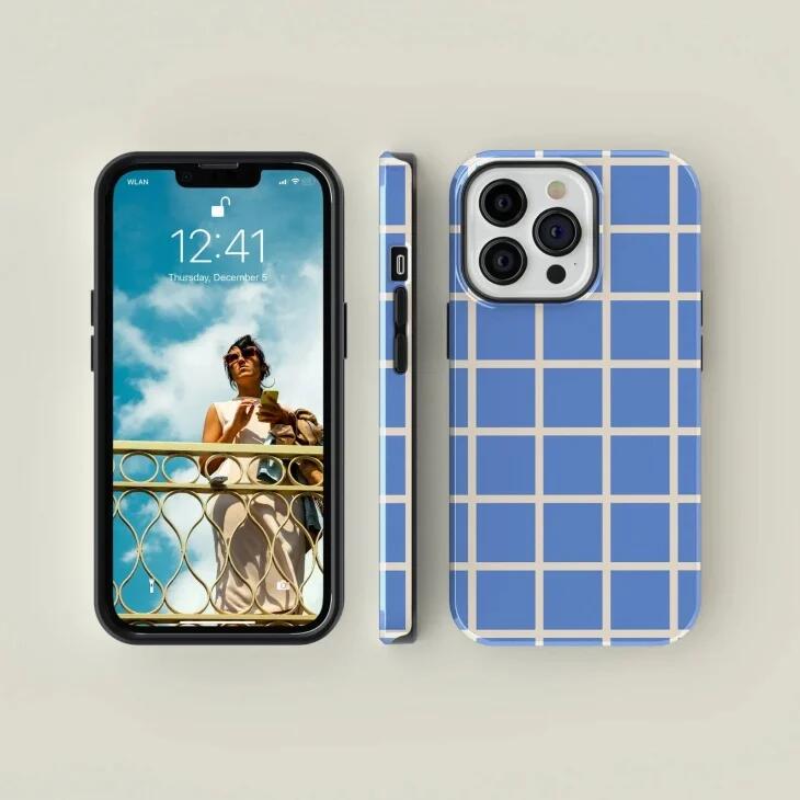 CASE-FACE | Plaid Cream on Blue MagSafe iPhoneケース (iPhone 16/16 pro/16 pro...