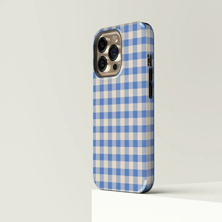 CASE-FACE | Gingham Patterned Blue and Cream MagSafe iPhoneケース (iPhone 16/...