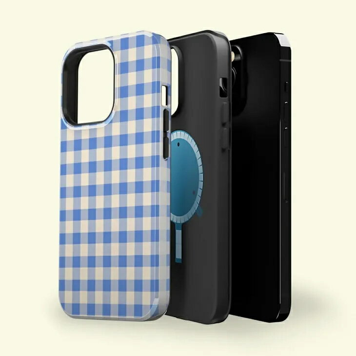 CASE-FACE | Gingham Patterned Blue and Cream MagSafe iPhoneケース (iPhone 16/...