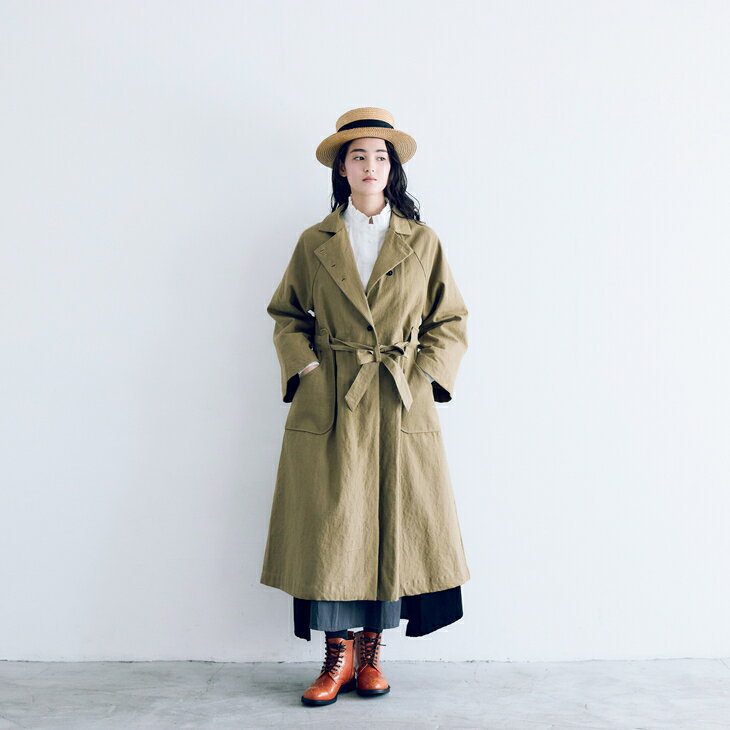 MAGALI | コットンリネン・アンティークキャンバス・トレンチコート (カーキ) | マガリ アウター ジャケット コート トレンチ シンプル 冬服