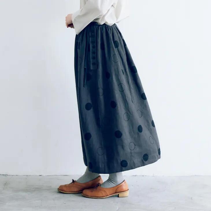 【年越し・新春福袋セール】MAGALI | RONDリネン・サイドボタンスカート (チャコール) | ボトムス スカート シンプル マガリ ドット ナチュラル