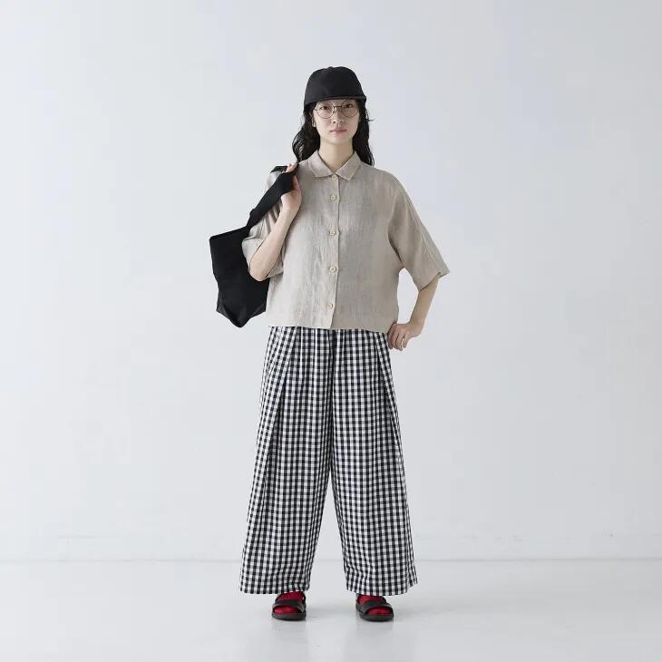 樂天商城 - Cion(シオン) | コットンギンガムウルトラワイドパンツ (black) | 麻 リネン レディース 26ss