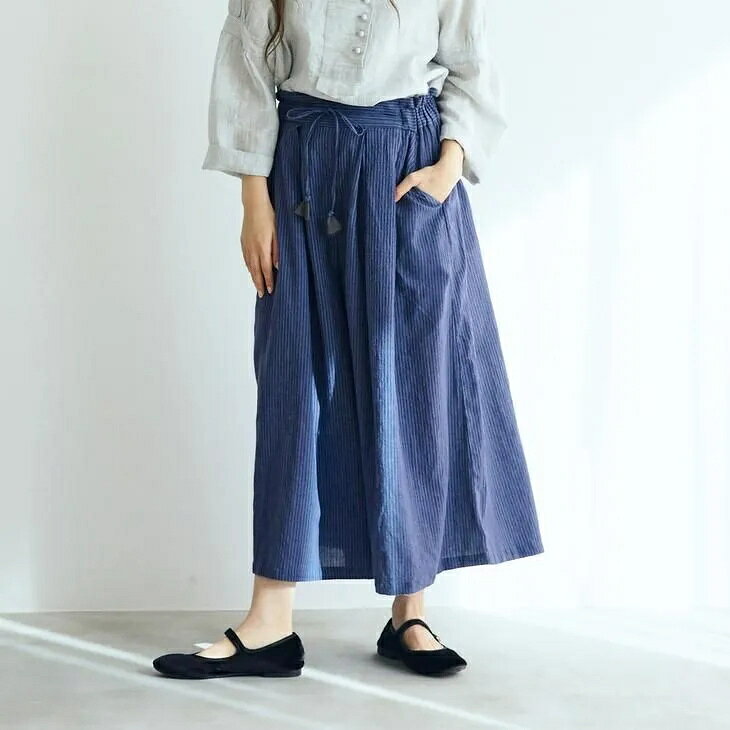Rakuten - MAGALI | リネンコットンストライプ・タックワイドパンツ (ブルー) | マガリ ボトムス パンツ