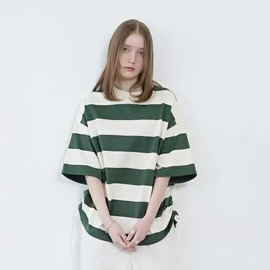 樂天商城 - euphoric' (ユーフォリック) | Border Drawstring Tops (green) | トップス プルオーバー Tシャツ ボーダー