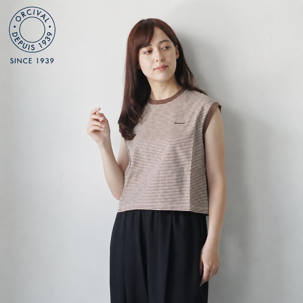 ORCIVAL | CYS EMBROIDERY SLEEVELESS T-SHIRT (white x brown) size 1 | オーシバル ノースリーブ Tシャツ 刺繍 レディース カットソー ロゴT ボーダー ホワイト ブラウン ナチュラル