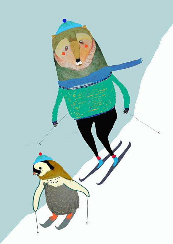 ASHLEY PERCIVAL | SKIING PENGUIN AND BEAR | A3 ポスター/アートプリント