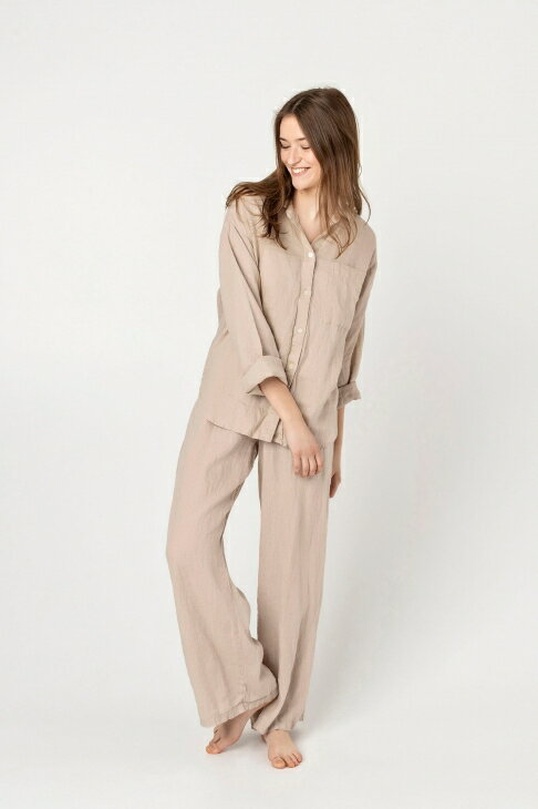 楽天北欧雑貨と音楽 HAFEN ハーフェン【セール SALE】two LINEN | Linen pajamas set long sleeve （beige）【リネン 麻 ナチュラル パジャマ ナイトウェア】