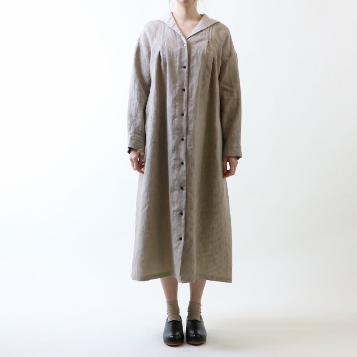 楽天北欧雑貨と音楽 HAFEN ハーフェン【SALE セール】MAGALI | オーバーダイリネン・セーラー襟ワンピース （beige stripe） | 送料無料 ワンピース ナチュラル シンプル お洒落 かわいい プレゼント ギフト リネン 麻100 レディース 可愛い 雑貨 北欧 女性 カジュアル 30代 40代 50代