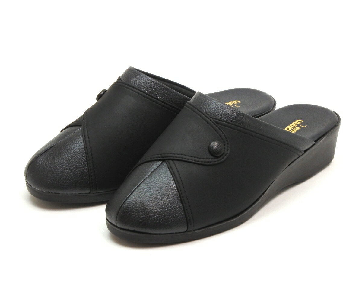 レディース 防寒ヘップサンダル 飾りボタン 前かぶり つっかけ シンプル 日本製　ブラック