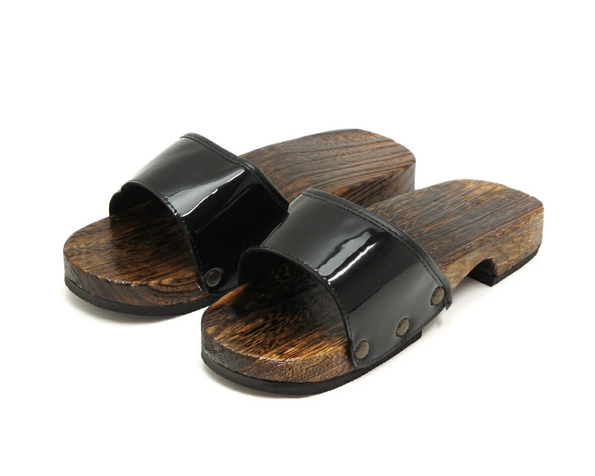 男性用 サンダル下駄 和柄 軽量 モード下駄　焼き桐 茶台 黒エナメルバンド