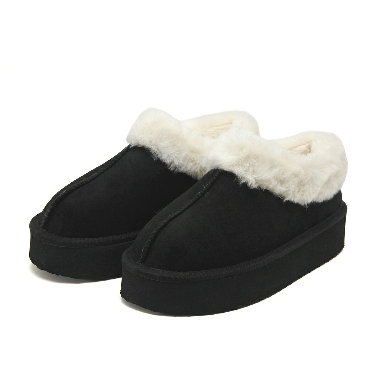 レディース 厚底 ムートン調サンダル あったかボアサンダル　ブラック