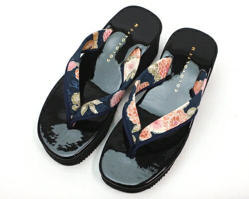 【アウトレット】【訳あり商品】厚底 和柄サンダル エナメル天 花柄鼻緒 軽量ウェッジソール 草履 7453 日本製　ネイビー