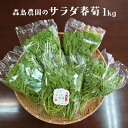 品名 サラダ春菊 内容量 200g×5袋 産地 国産 （静岡県産） 保存方法 冷蔵保管 賞味期限 冷蔵4&#12316;6日 配送方法 ヤマトクール便（冷蔵） 送料 送料は商品代金に含まれます。※一部例外地域として、北海道500円、沖縄1000円・その他離島地域については別途実費をご請求申し上げます。サラダ春菊です。（水耕栽培） さっと洗って利用することができます。 生でサラダにして食べてもおいしいです。 やわらかく、程よい苦みもあり料理の最後にアクセントにお使いいただけます。 生で利用できるので、手軽にお使いいただけます。鍋やすき焼きへ最後にさっと入れて緑をプラス、料理のアクセントに最適です。程よい苦みがくせになります。