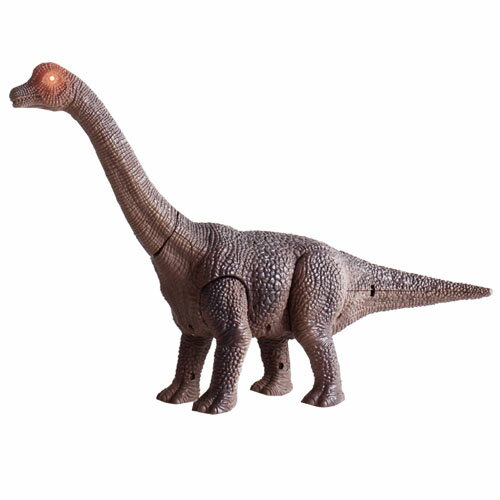 恐竜の中でも人気のブラキオサウルスのラジコンです。 商品サイズ ・パッケージ：W330×H205mm×D100mm ・本体サイズ約　全長260mm、高さ145mm 仕様 本体電源：単4乾電池×2本（別売り） 送信機電源：単4電池×3本使用（別売り） 機能：前進+後進