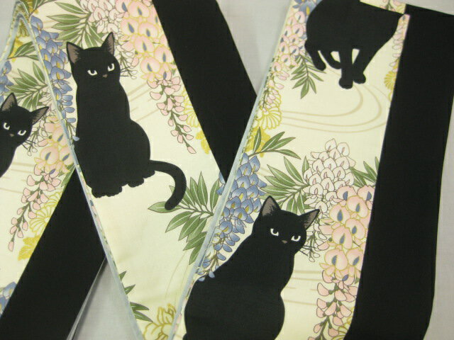 ねこちゃん柄 藤／ ネコ 細帯 日本製