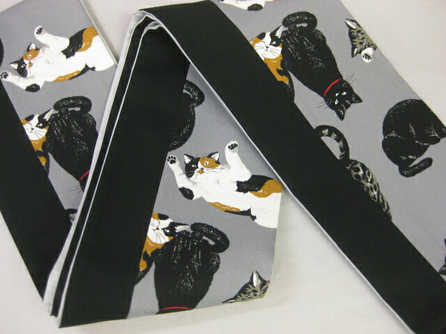 ねこちゃん柄 ネコ 細帯 グレー