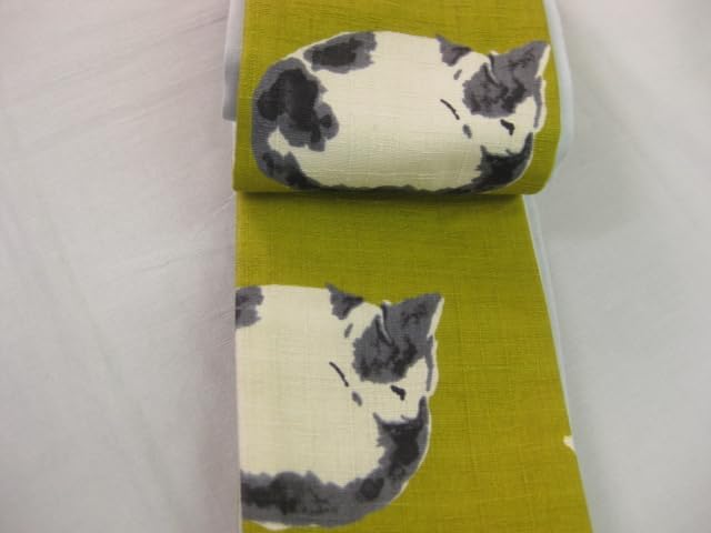紳士 角帯 いねむりねこちゃん柄 うぐいす色 男物 角帯