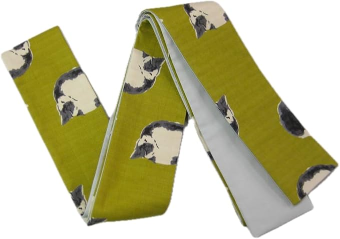 紳士 角帯 いねむりねこちゃん柄 うぐいす色 男物 角帯