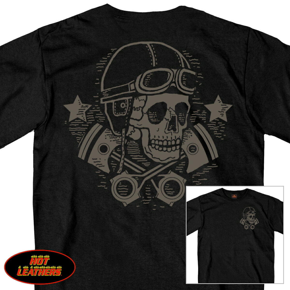 Hot Leathers メンズ 半袖 Tシャツ Vintage Skull and Cross Pistons Double Sided T-Shirt 米国 ホットレザー 直輸入 ビンテージ スカル ピストン 星 ブラック 黒 プリントT 大きいサイズ ライダー バイカー アメカジ オートバイ バイクに