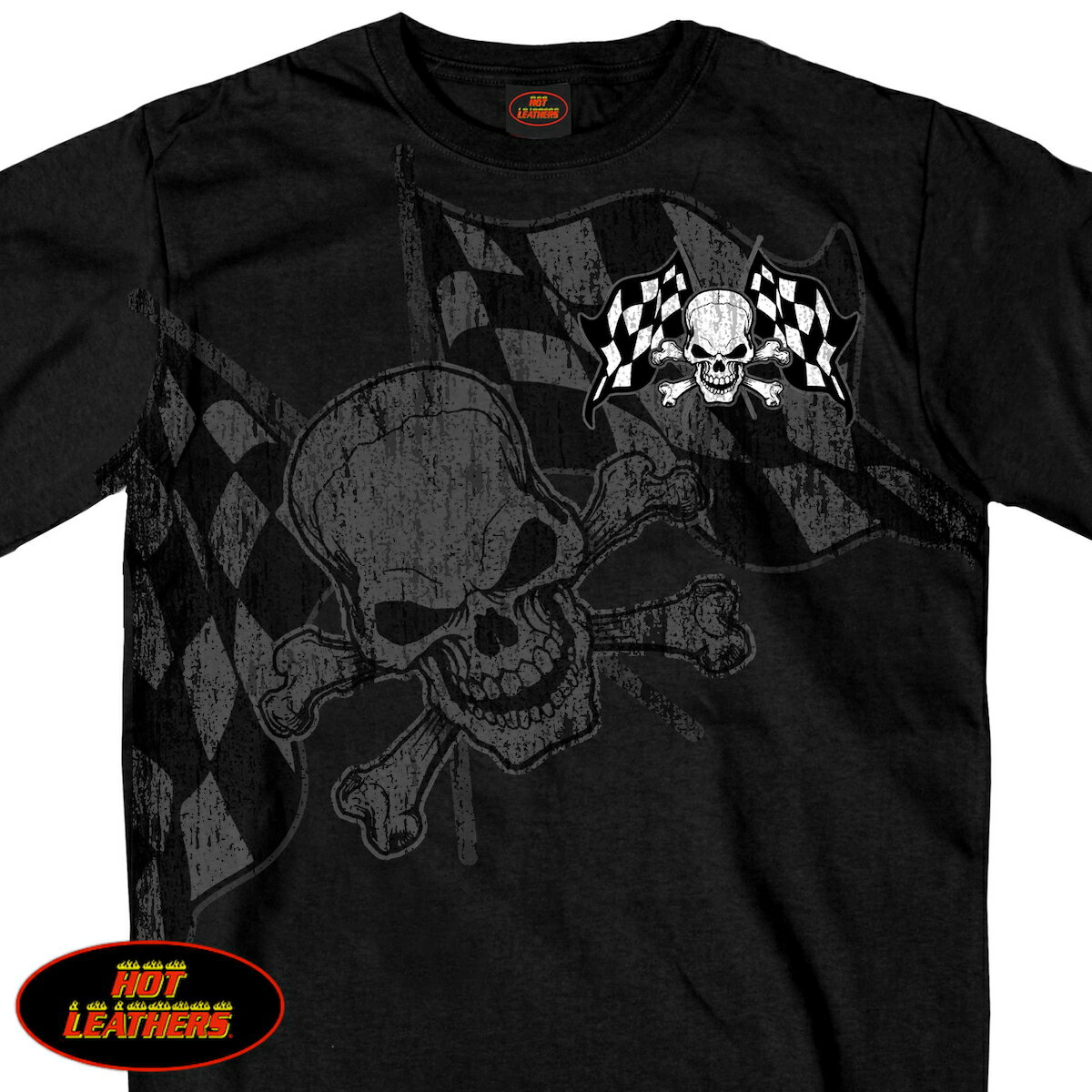 Hot Leathers メンズ 半袖 Tシャツ Checkered Flag Skull T-shirt 米国 ホットレザー 直輸入 スカル チェッカーフラッグ レース旗 ブラック 黒 プリントT 大きいサイズ ライダー バイカー アメカジ オートバイ バイクに