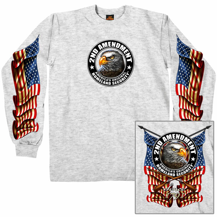 2nd Amendment Eagle and Flags ロングTシャツ！鷹　鷲　イーグル　旗　フラッグ！グレー、アッシュ、灰色！長袖！英字プリント！日本未発売！バイクに！