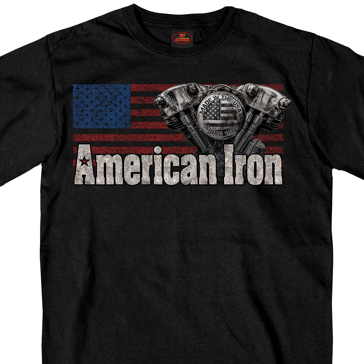 【送料無料!】日本未発売! セール価格! 米国直輸入! ホットレザー [American Iron] 公認 Motor Men's T-Shirt! アメリカンアイアン モーター メンズ Tシャツ! 半袖 ブラック 黒 星条旗 プリントT Hot Leathers 英字 スクリーンプリント 大きいサイズ バイクに!