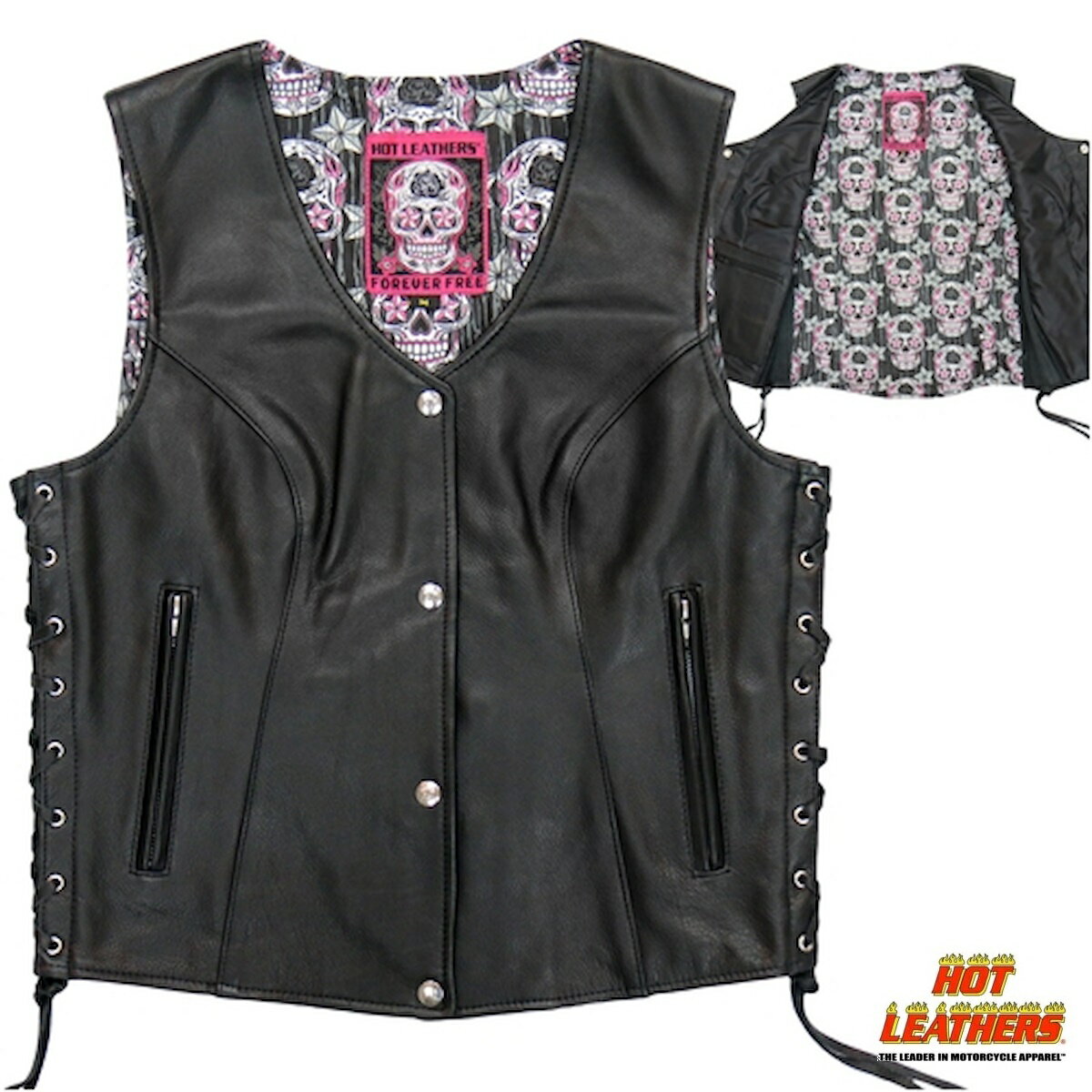 楽天ハーレーカスタマージャパンHot Leathers レディース バイク レザーベスト 本革 牛革 [Ladies' Sugar Skull Lined Vest] ドクロ シュガースカル裏地 ウエスト調節可能 両脇編み上げ サイドレース ブラック 黒 女性用 米国ホットレザー 直輸入 バイカー オートバイ