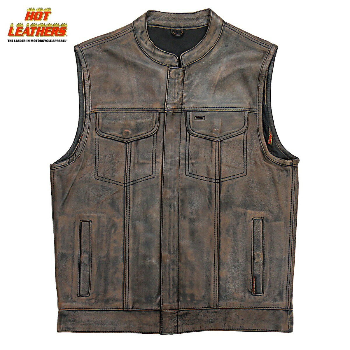 Hot Leathers バイク レザーベスト 本革 高級牛革 メッシュ裏地 [Distressed Brown Leather Club Vest] ヴィンテージ風 ブラウン 6ポケット クラブベスト ジッパー スナップボタン 立襟 ハンティングベスト バイカー メンズ 米国ブランド直輸入 ホットレザー 大きいサイズ