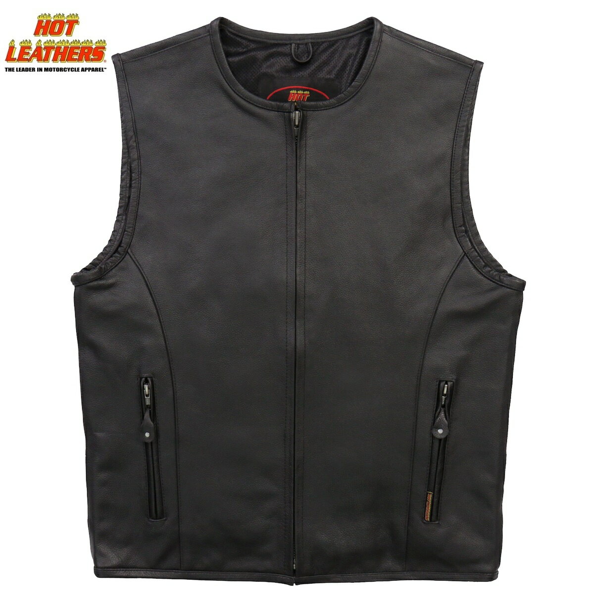 Hot Leathers バイク レザーベスト 本革 牛革 メッシュ裏地 [Men’s Leather Round Collar Vest] 4ポケット 丸襟 ジッパー ブラック バイカー 黒 メンズ 高級トップグレイン・カウハイドレザー 米国ブランド直輸入 ホットレザー 大きいサイズ その1