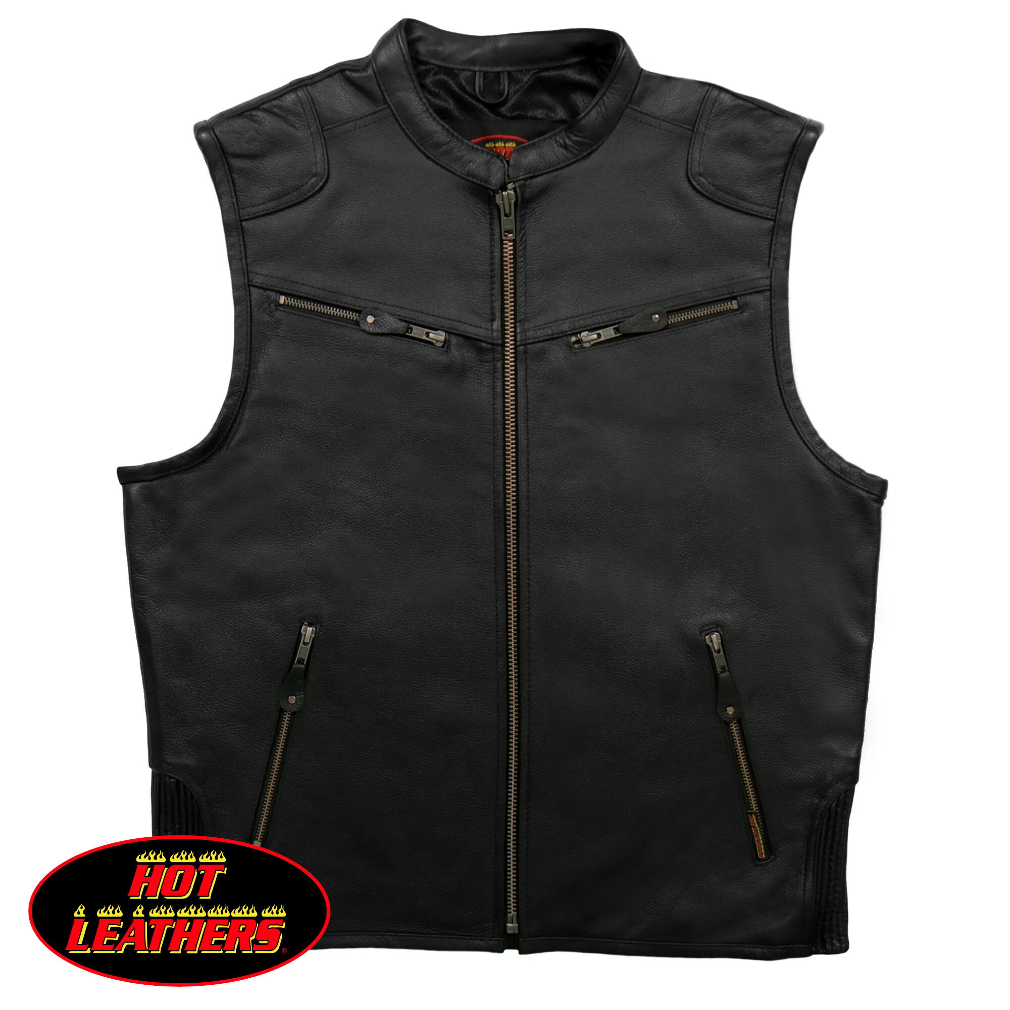 日本未発売! セール価格! ホットレザー [MEN'S BLACK 'ZIPPER POCKETS' CONCEALED AND CARRY LEATHER VEST] メンズブラック「ファスナーポケット」コンシールド＆キャリーレザーベスト! 黒 本革 米国直輸入! 大きいサイズ! S~3XLサイズ