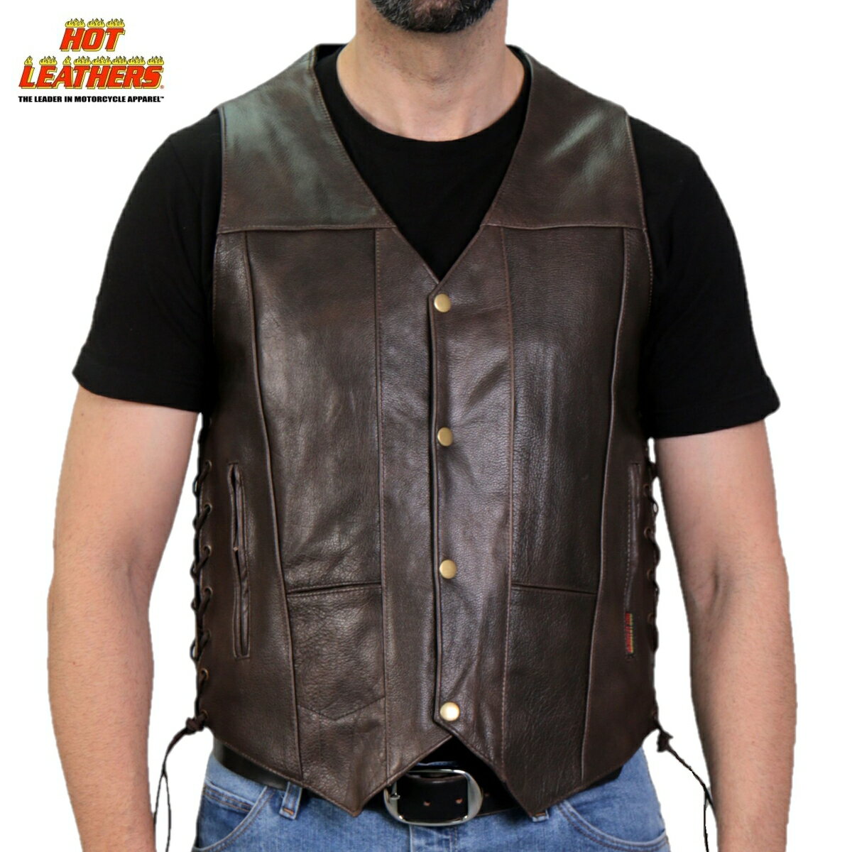 Hot Leathers バイク レザーベスト 本革 牛革 [Retro Brown Vest Ten Pocket] レトロ ブラウン 10ポケット ウエスト調節可能 両脇編み上げ サイドレース クラシックスタイル 4フロントボタン バイカー メンズ 米国ホットレザー 直輸入 大きいサイズ